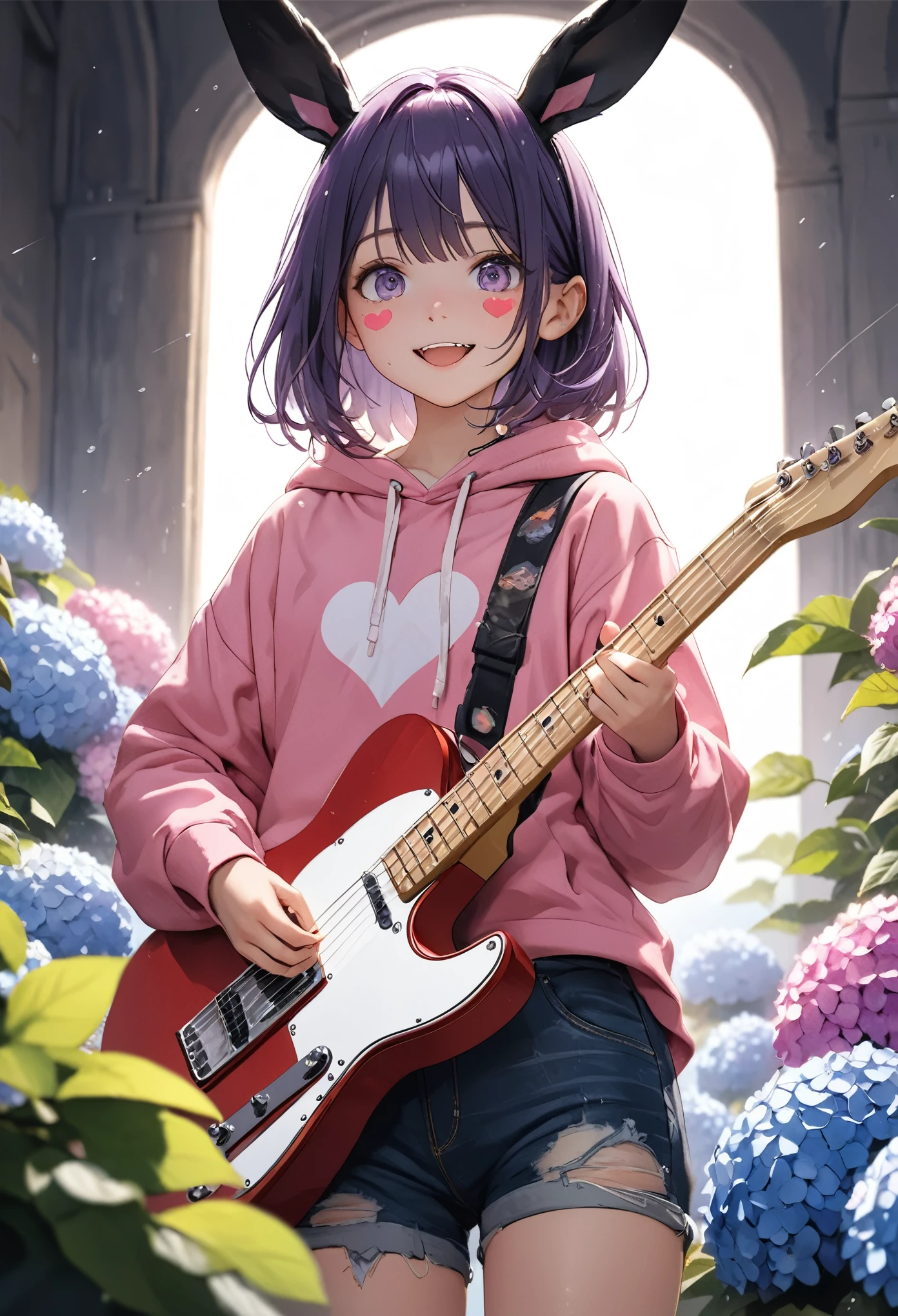 ((Masterpiece)), ((best quality)), (super detail:1.2), (High Definition:1.3), (Professional Photography:1.2), (sharp focus), (perfect light), ((12 years old)), 8K, (Healthy Slender body), Cute teenage Beautiful Girl, Slender body, Textured skin, cinematic lighting, (messy medium bob), (purple hair), (put on Black bunny ears), Pretty oversized pink hoodie, Tattered short trousers of jeans fabric, (Big purple eyes), Open mouth wide, crazy smile, (sparkle Eyes), (Heart mark on right cheek), BREAK, ((best quality)), (super detail:1.2), (hold a Telecaster electric guitar), elecaster electric guitar, standing in colorful Hydrangeas fields, rainyday, Beautiful Horizon Background, (Hydrangeas), (sharp focus), (perfect light),