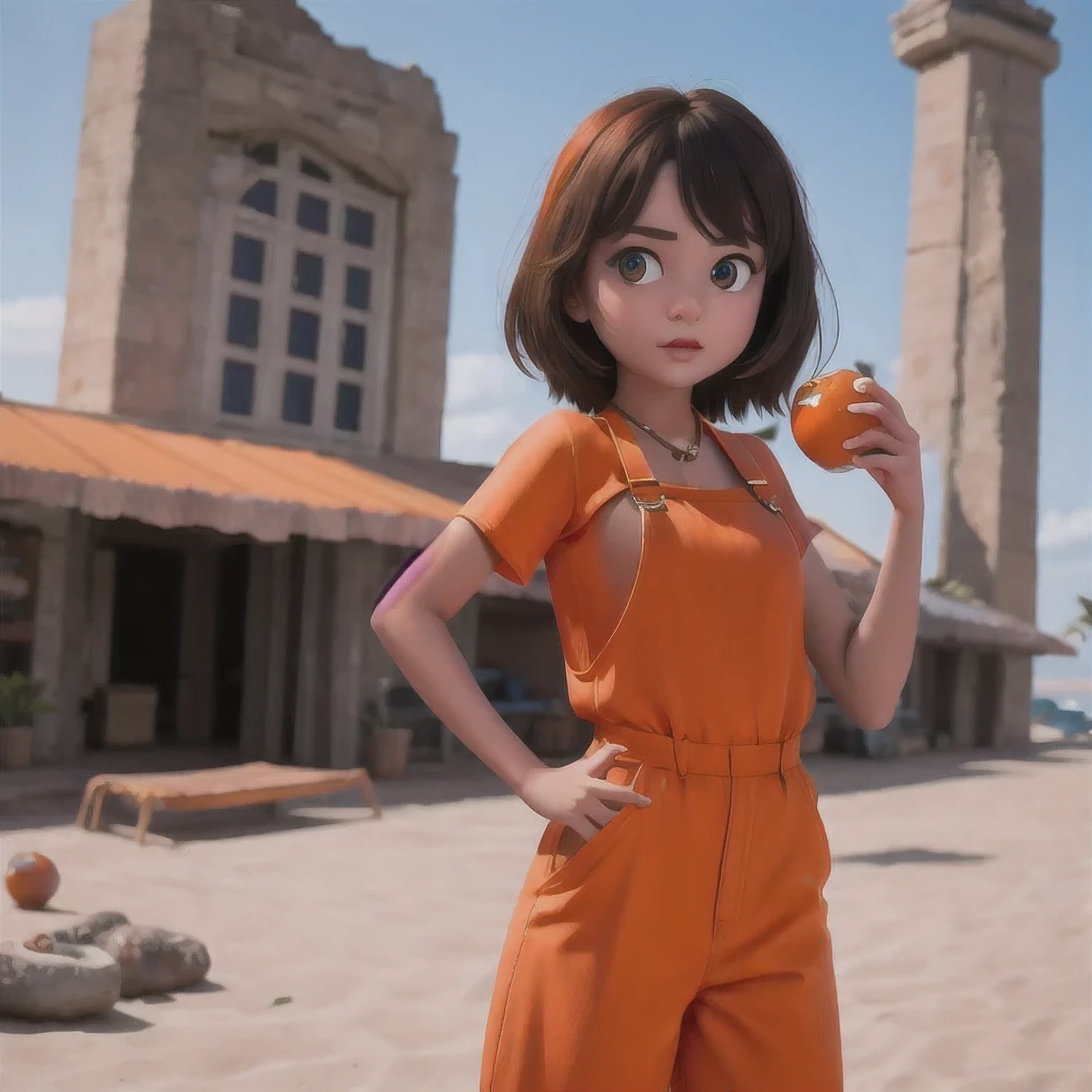 Armenian girl standing on a beach with an orange overall, orange jumpsuit, overalls, wearing an orange jumpsuit, official product image, wearing overalls, orange halter top, artist wearing overalls, wearing an orange t-shirt, wearing orange sundress, wearing orange prison jumpsuit, neck zoomed in, wearing an orange t shirt, cute girl wearing tank suit，Perfect eyes，pretty，Bright eyes