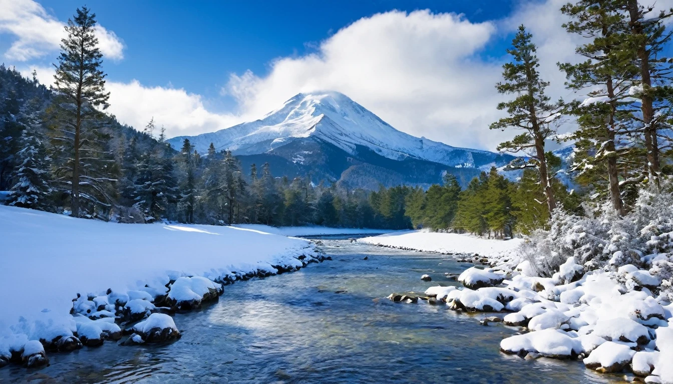 snow, tree, mountain, day, sky, winter, nature, pine tree, forest, blue sky, cloud, mountainous horizon, river, best Quality,The Masterpiece