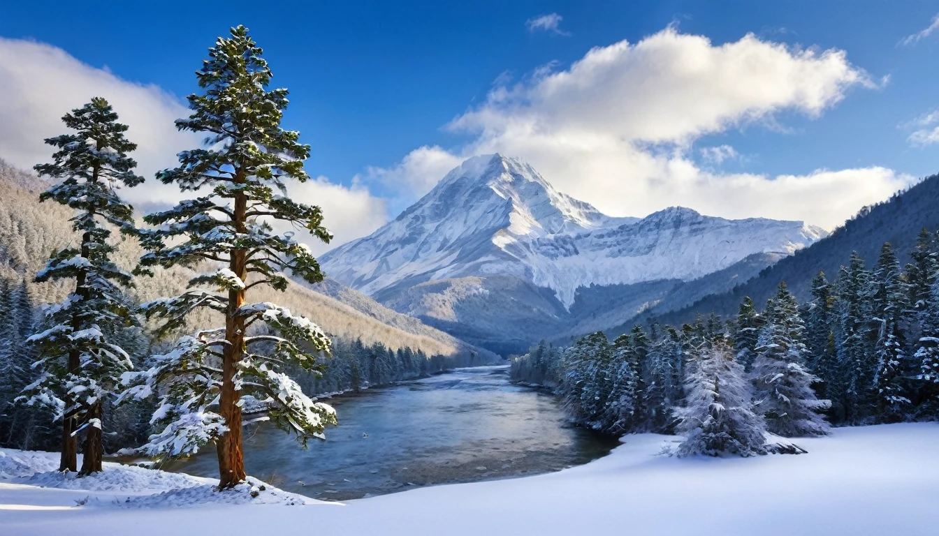 snow, tree, mountain, day, sky, winter, nature, pine tree, forest, blue sky, cloud, mountainous horizon, river, best Quality,The Masterpiece