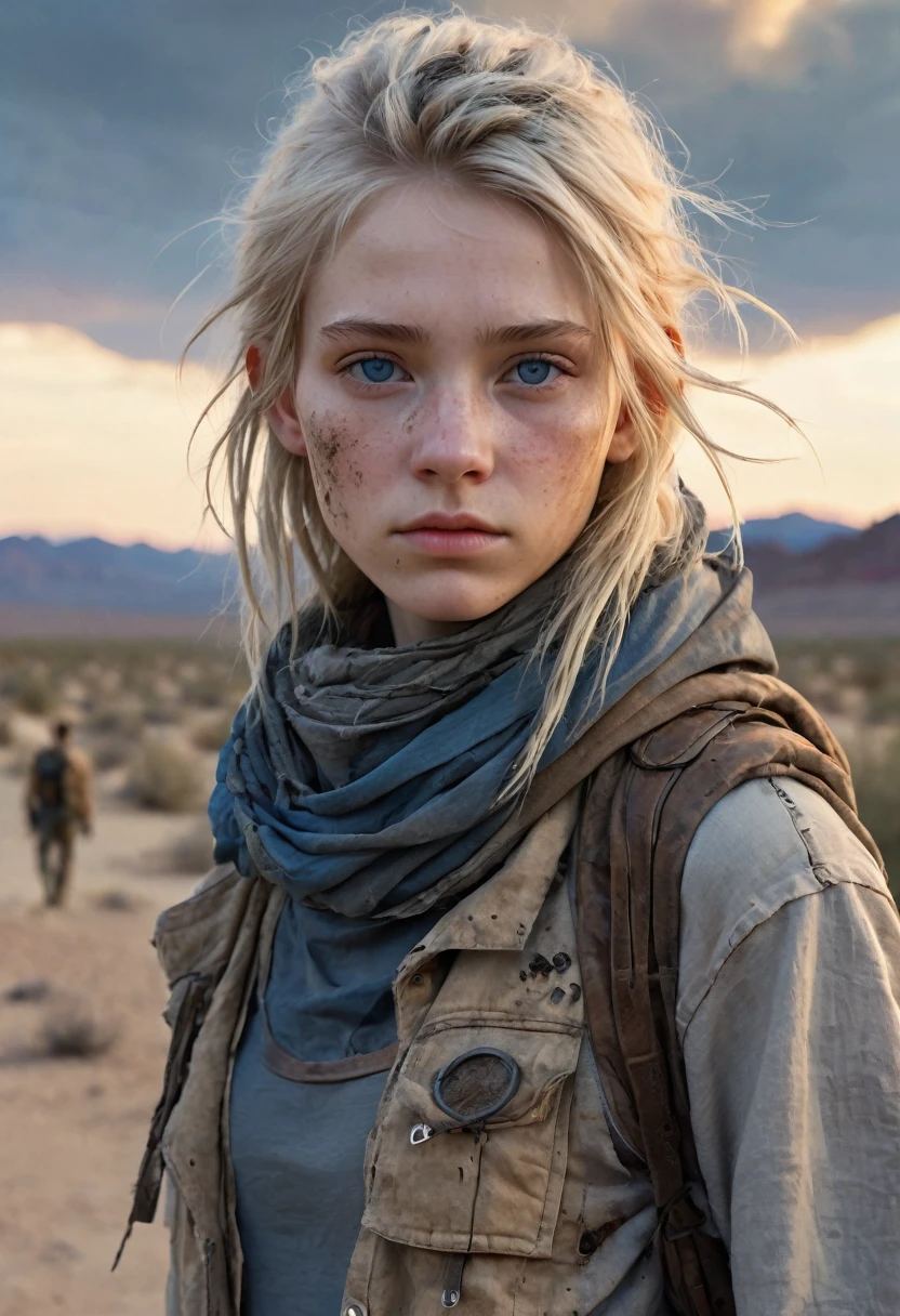 Masterpiece, half body shot, (clean face), transitioning to a desert landscape at sunset, a lone figure walking, a beautiful 15 years old young American teen girl emerges wearing beautiful post apocalyptic nomadic clothes, very pale skin, light blond hair, blue-grey eyes, skinny runners body, small breasts, very detailed face, ultra realistic face, very beautiful thin face, exhausted face, young looking, very young, juvenile face, post-apocalyptic clothing. Layers of tattered fabric, unconventional accessories, an aura of survival and resilience, 16K, ultra high res.photorealistic, UHD, RAW, DSLR