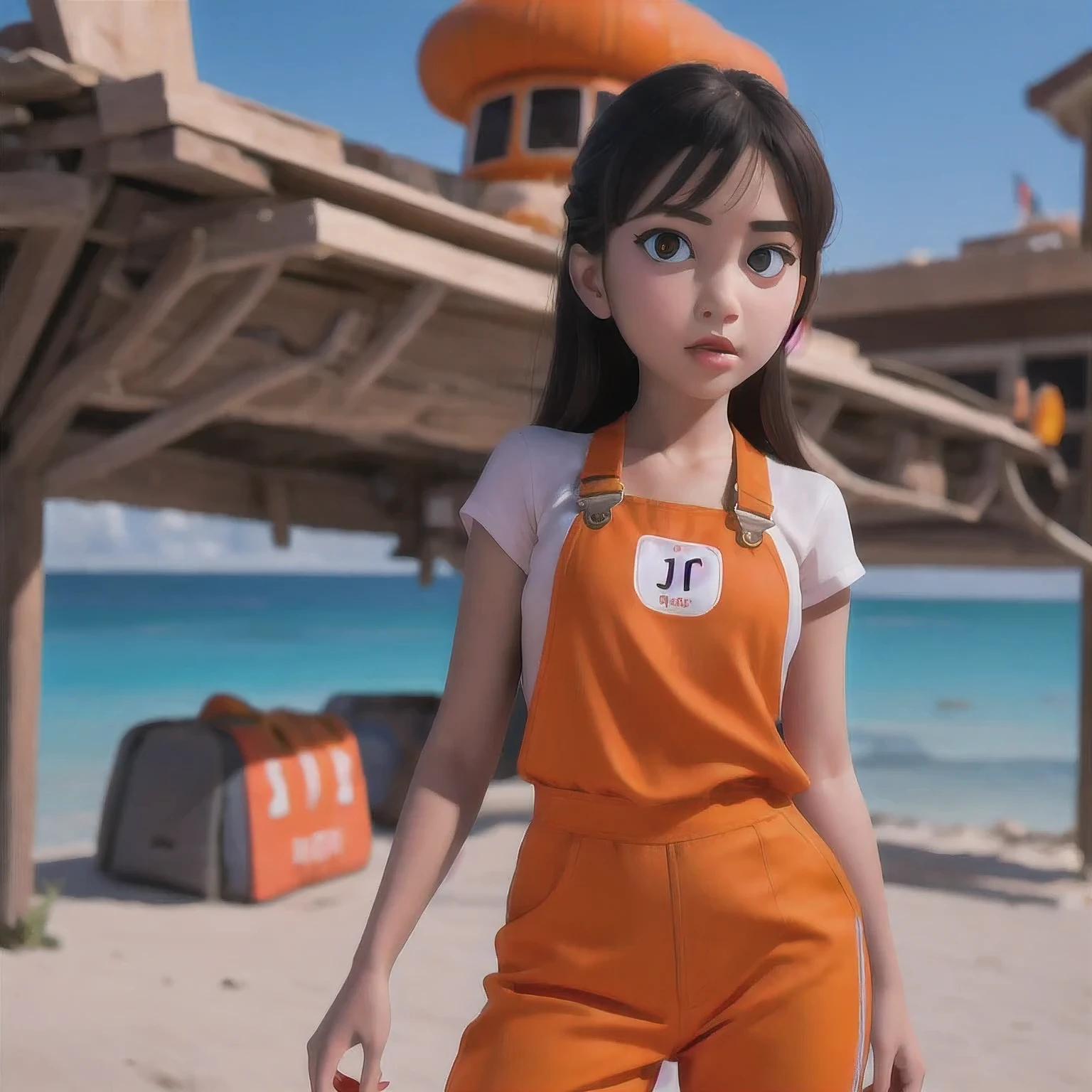 Armenian girl standing on a beach with an orange overall, orange jumpsuit, overalls, wearing an orange jumpsuit, official product image, wearing overalls, orange halter top, artist wearing overalls, wearing an orange t-shirt, wearing orange sundress, wearing orange prison jumpsuit, neck zoomed in, wearing an orange t shirt, cute girl wearing tank suit，Perfect eyes，pretty，Bright eyes