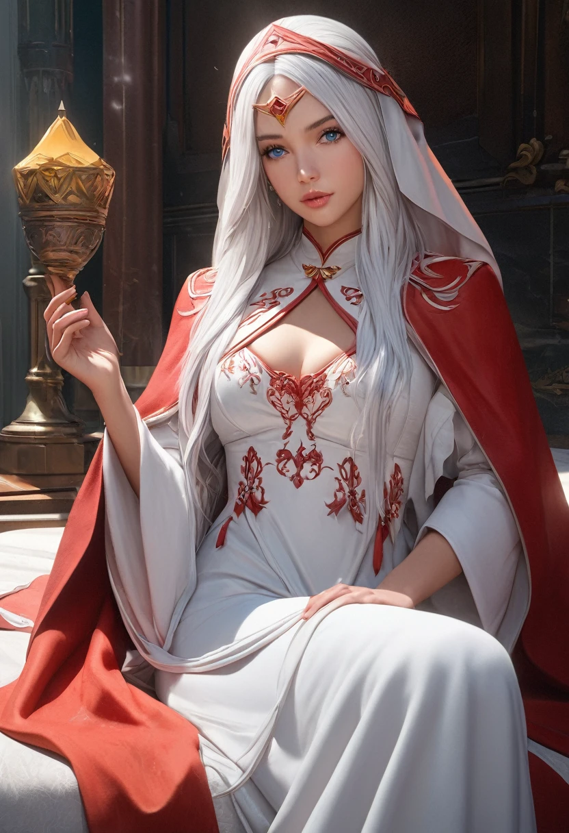 (best quality,4k,8k,highres,masterpiece:1.2), ultra-detailed, (realistic,photorealistic,photo-realistic:1.37),((Highly detailed CG Unity 8k wallpaper)), masterpiece, Super detailed, floating, High resolution, Sexually suggestive, (small, Extremely long white hair, Princess, White Mage, blue eyes, (It has long, wide sleeves and intricate embroidery. A gorgeous layered long dress in white and red with a sheer look), Bridal Veil, Circlet, Bridal Gauntlet, Blushing, shy, arched back, Frilled petticoat, Glamorous corset,