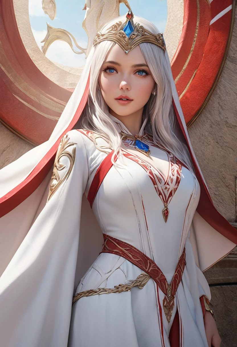 (best quality,4k,8k,highres,masterpiece:1.2), ultra-detailed, (realistic,photorealistic,photo-realistic:1.37),((Highly detailed CG Unity 8k wallpaper)), masterpiece, Super detailed, floating, High resolution, Sexually suggestive, (small, Extremely long white hair, Princess, White Mage, blue eyes, (It has long, wide sleeves and intricate embroidery. A gorgeous layered long dress in white and red with a sheer look), Bridal Veil, Circlet, Bridal Gauntlet, Blushing, shy, arched back, Frilled petticoat, Glamorous corset,