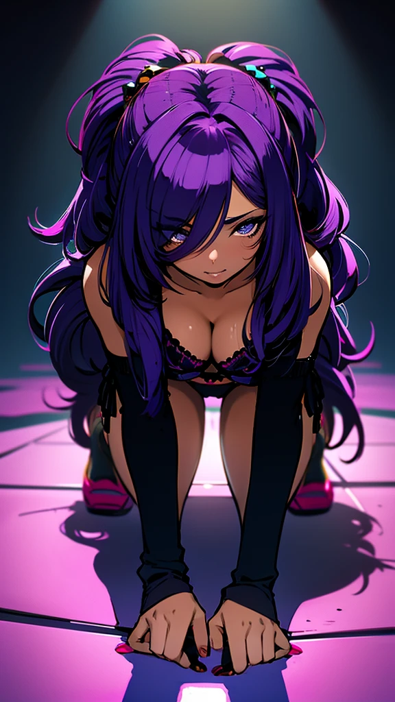Masterpiece, dark-skinned woman, brunette, 30s, crawling on the floor, ????????????, frontal, frontal photography, wearing ????? panties, panties stretched up to the waist, purple panties, big ???, ???????????, thick thighs and toned, ??????, ??????? showing, ??????? exposed, squeezing the ??????? with the hand, long hair, purple hair, pert ???, pert ???, in a sensual look, ???? position, solid background scene, solid color scene high contrast, extremely detailed