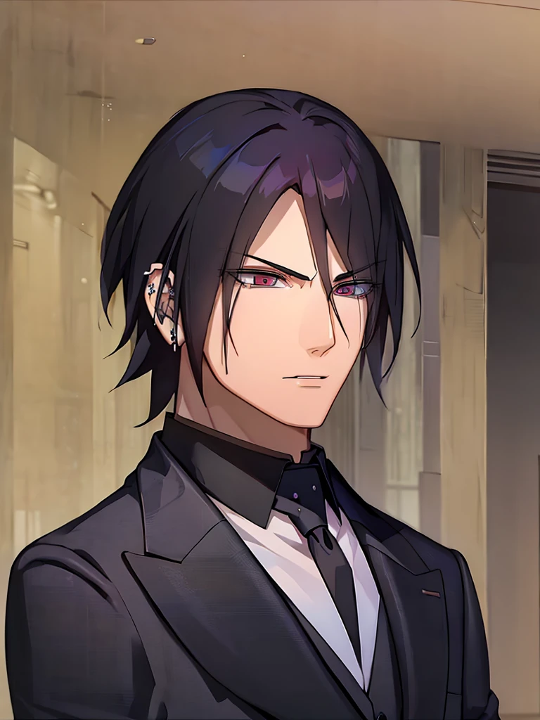 a detailed portrait of sasuke, ceo outfit, elegant businessman, formal suit, tie, detailed facial features, piercing eyes, serious expression, office background, professional, photorealistic, highly detailed, 8k, best quality