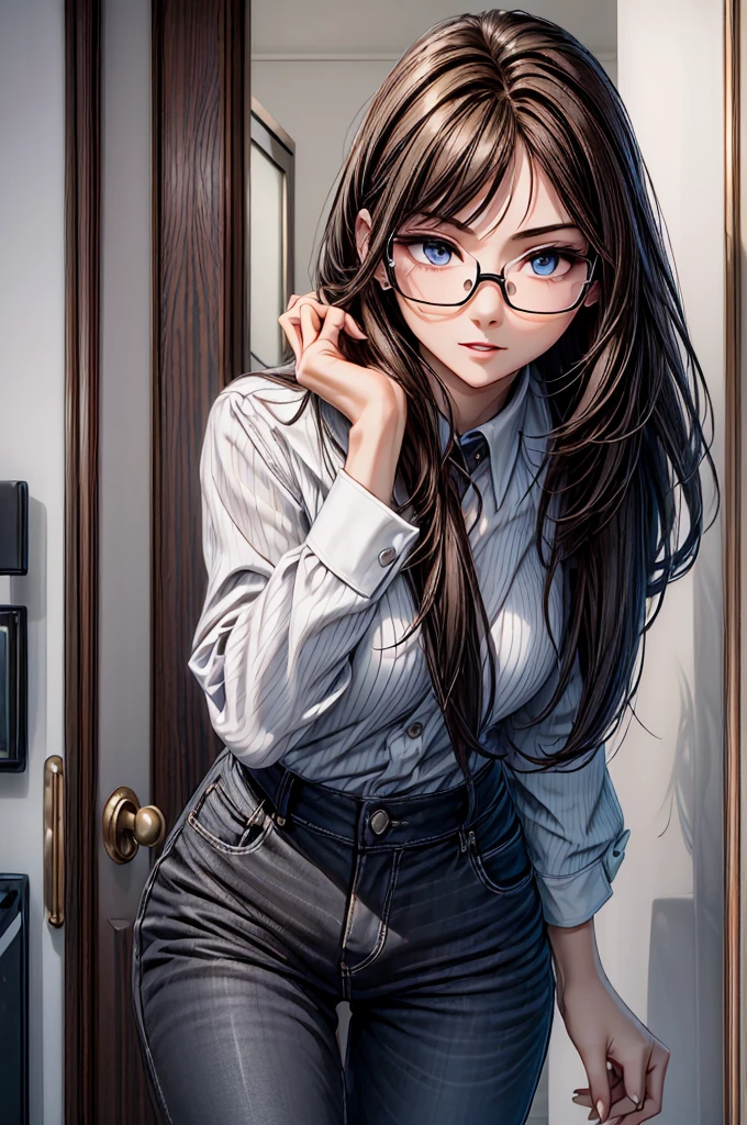 (masterpiece, best quality:1.2), detailed face, detailed eyes, elegant woman, long hair, high heeled,shiny skin,welcomes you at the door, Shirt, pants,random colar, ponitail hair,cool attitude,cool glasses,exciting,cool, perfect hand:1