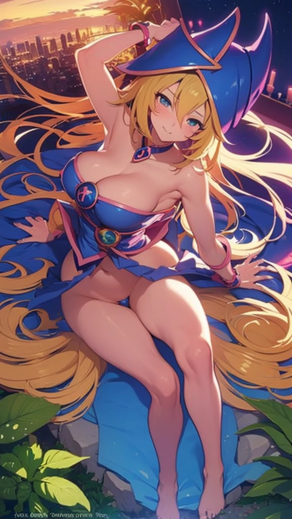 an anime girl, dark magician girl, blond hair ,fitness body, big tits and ,transparent clothes, naked bottom, face of enjoyment and enjoyment, summery, textured skin, pink nipples, Pink vagina, golden pubic hair, background luxurious hotel room with window view of the city  
