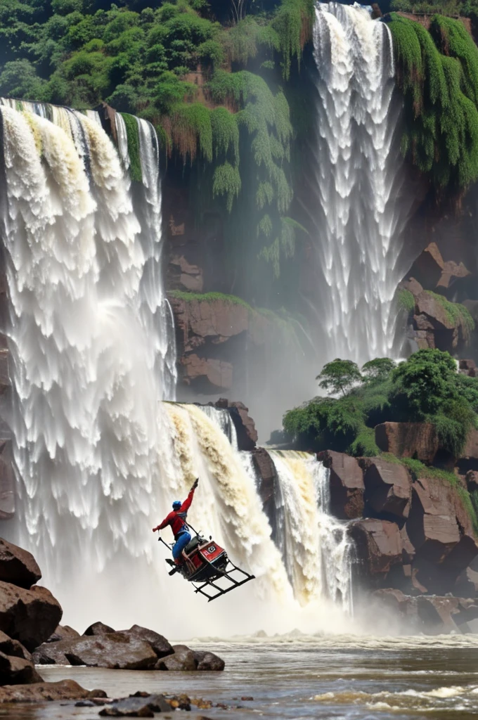 Can you make me a muscular boy on a red donkey that is in the Iguazu Falls?