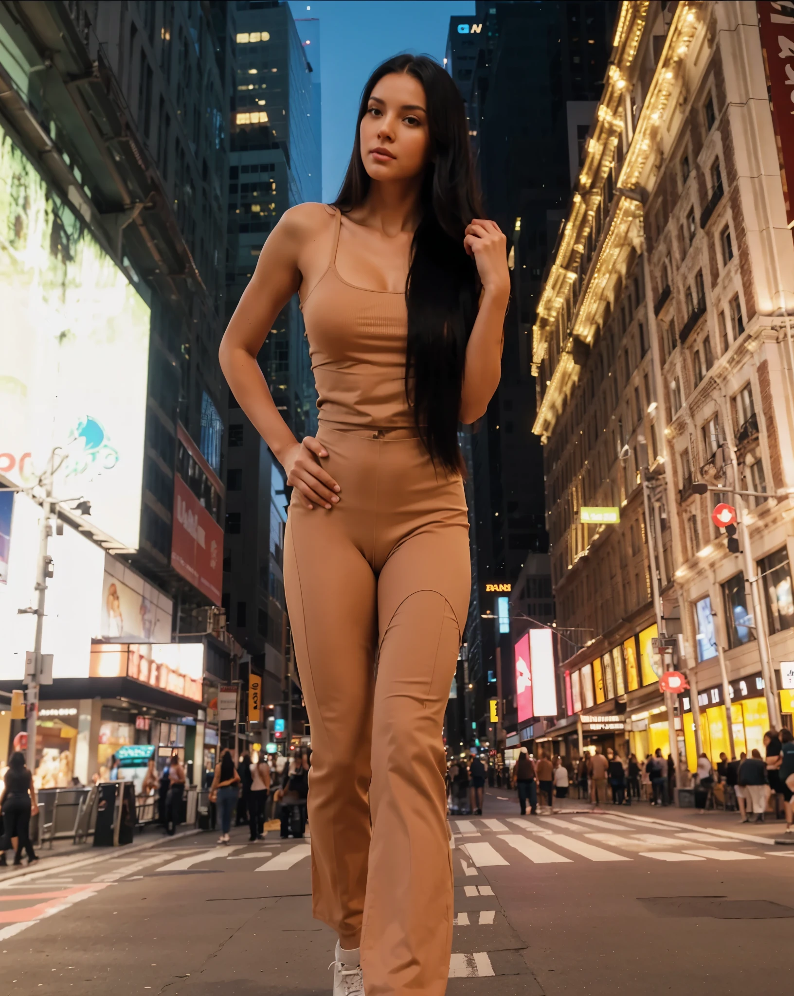 a beautiful woman, extremely lifelike, wearing light brown clothes, black hair, straight hair, big-ass, legs thick, Fitness, Waist slender, Body with curves, New York background, blusa marrom claro, calça marrom claro