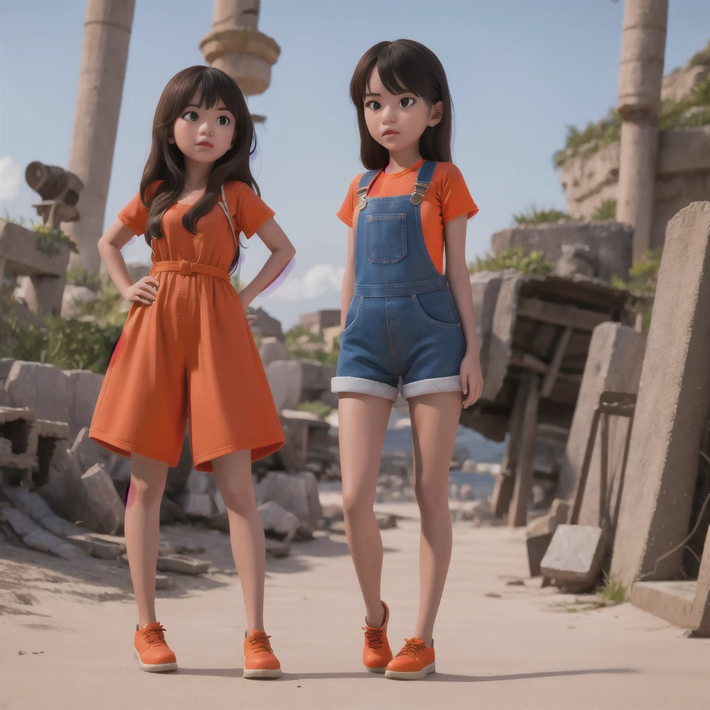 Armenian girl standing on a beach with an orange overall, orange jumpsuit, overalls, wearing an orange jumpsuit, official product image, wearing overalls, orange halter top, artist wearing overalls, wearing an orange t-shirt, wearing orange sundress, wearing orange prison jumpsuit, neck zoomed in, wearing an orange t shirt, cute girl wearing tank suit