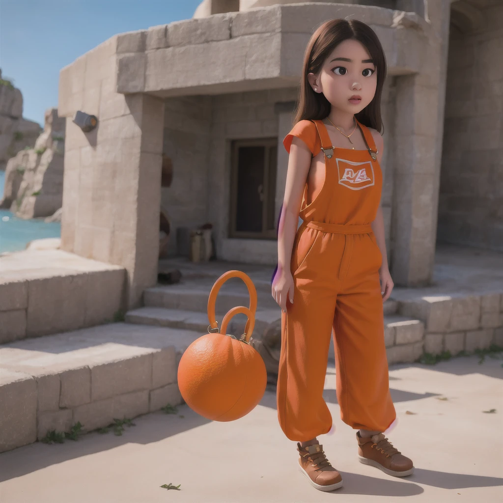 Armenian girl standing on a beach with an orange overall, orange jumpsuit, overalls, wearing an orange jumpsuit, official product image, wearing overalls, orange halter top, artist wearing overalls, wearing an orange t-shirt, wearing orange sundress, wearing orange prison jumpsuit, neck zoomed in, wearing an orange t shirt, cute girl wearing tank suit