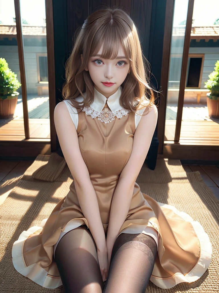 Byelorussia woman,(Sigma 85mm f1.4), NSFW, (Depth of written boundary:0.6), Detailed realistic backgrounds, Diffused natural sunlight, Natural diffuse skin glow,high leg, (Camel Toe),1girl,Red, blue eyes, cateye,long eyelashes,big eye,, ((Wearing pantyhose))、Wearing a sleeveless dress、(Panties in the crotch area are visible)、raw,(8K、top-quality、masterpiece:1.2)、(intricate detailes:1.4)、(Photorealsitic:1.4)、octane renderings、Complex 3D rendering ultra detail, Studio Soft Light, Rim Lights, vibrant detail, super detailing, realistic skin textures, Detail Face, Beautiful detail eyes, Very detailed CG Unity 16k wallpaper, make - up, shinny skin、