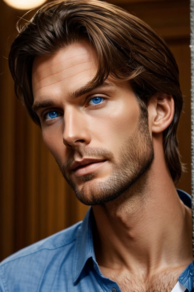 Man of tall and slender stature light brown hair always combed back blue eyes 