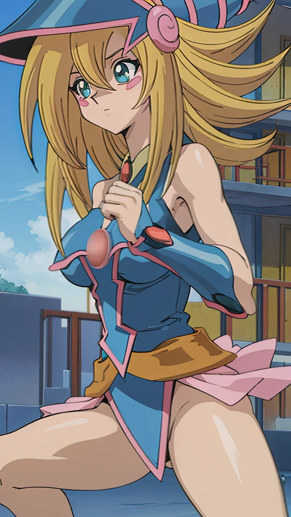 an anime girl, dark magician girl, blond hair ,fitness body, big tits and ,transparent clothes, naked bottom, face of enjoyment and enjoyment, summery, textured skin, pink nipples, Pink vagina, golden pubic hair, background luxurious hotel room with window view of the city  