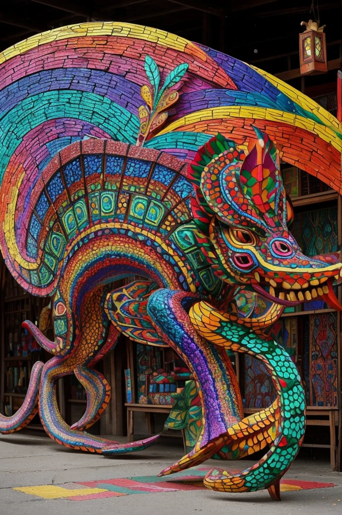 A sign that says Mexican crafts and that it is an alebrije that causes intimidation ,that has scales made of colored glass and its background is made of confetti and cempasuchilt flower and the alebrije is going towards a path ,the road must have nostalgia and sadness ,but at the same time it must be very happy 