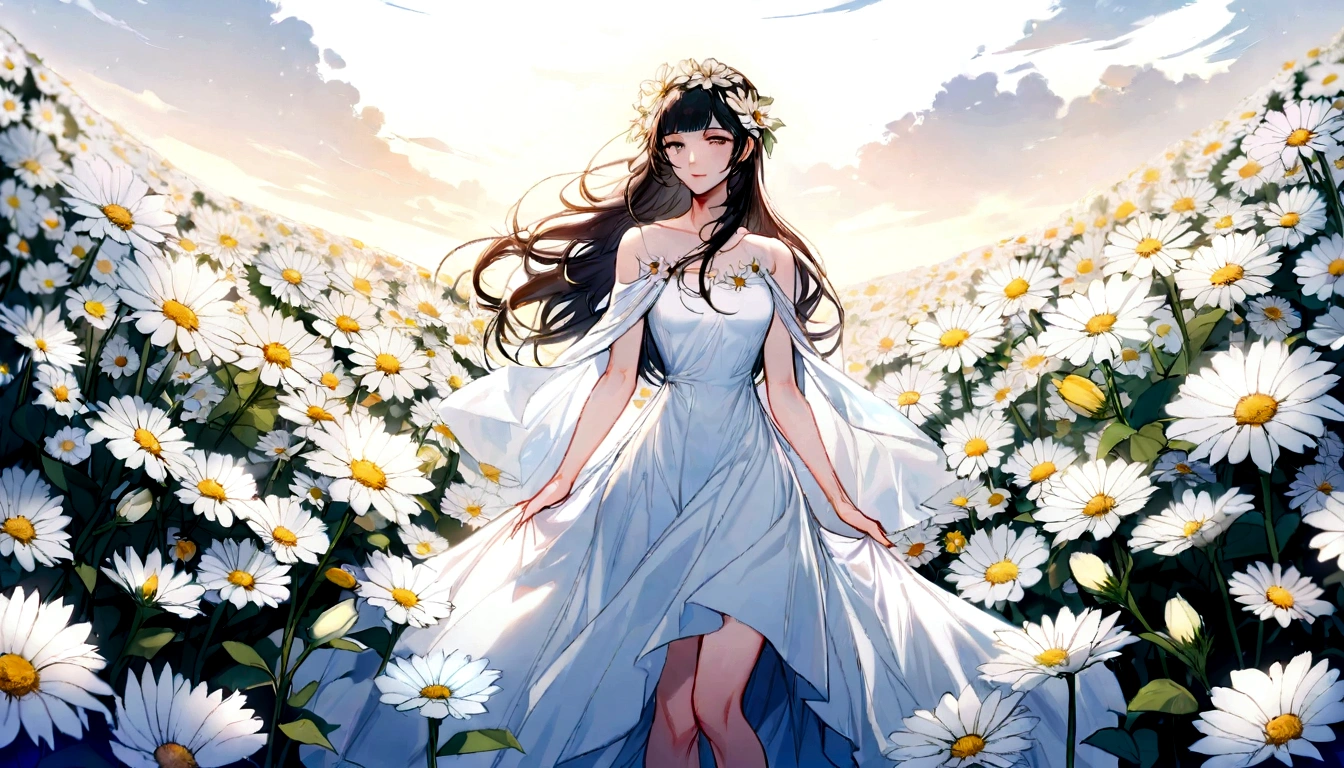 A woman in a white dress stands in a flower field, beautiful Korean women, beautiful young korean woman, standing in flower field, There are flowers, Girl in the flowers, gorgeous young korean woman, standing in flower field, jinyoung shin, girl standing in flower field, The aesthetic field of flowers, with frozen flowers around her, girl frontal lobe in flower field