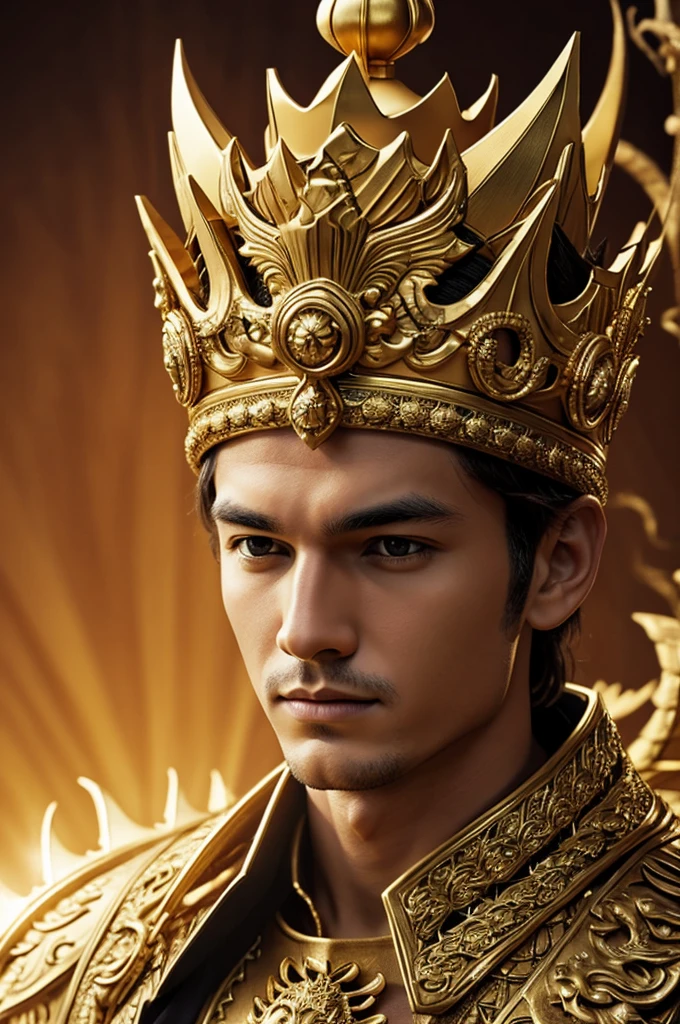 Make a cover with a golden crown and the face of a dragon in the background
