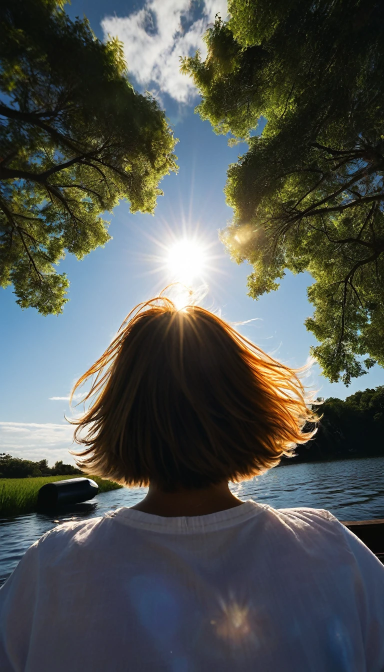 hair floating in the air, rear view, Look at the sun, There's a starship in the sky, Three suns, A with black hair, , Standing on the steppe, paisaje, universe, 8K, super detaill