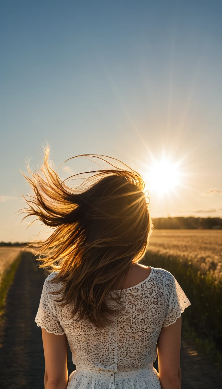 hair floating in the air, rear view, Look at the sun, There&#39;s a starship in the sky, Three suns, A  with black hair,  12 years old, Standing on the steppe, paisaje, universe, 8K, super detaill