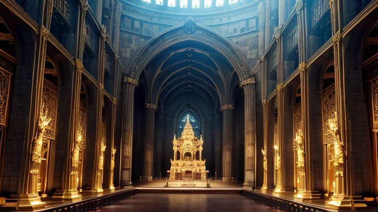 huge temple of the bloodthirsty god Moloch, majestic building of totalitarian style, huge hanging arches, Temple of Moloch. huge golden calf statue on top, Babylonian style, slightly above view, From a height 