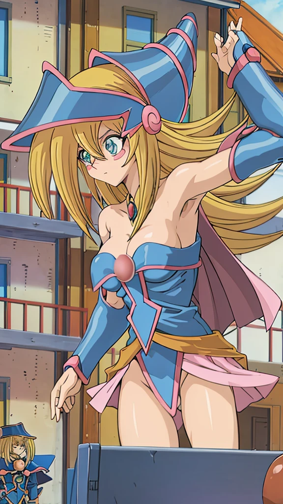 an anime girl, dark magician girl, blond hair ,fitness body, big tits and ,transparent clothes, naked bottom, face of enjoyment and enjoyment, summery, textured skin, pink nipples, Pink vagina, golden pubic hair, background luxurious hotel room with window view of the city