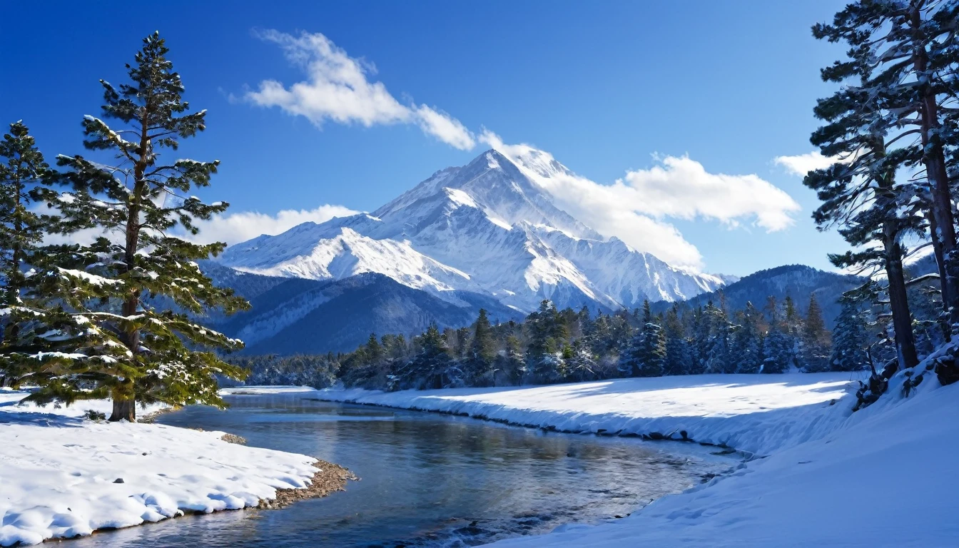 snow, tree, mountain, day, sky, winter, nature, pine tree, forest, blue sky, cloud, mountainous horizon, river, best Quality，The Masterpiece