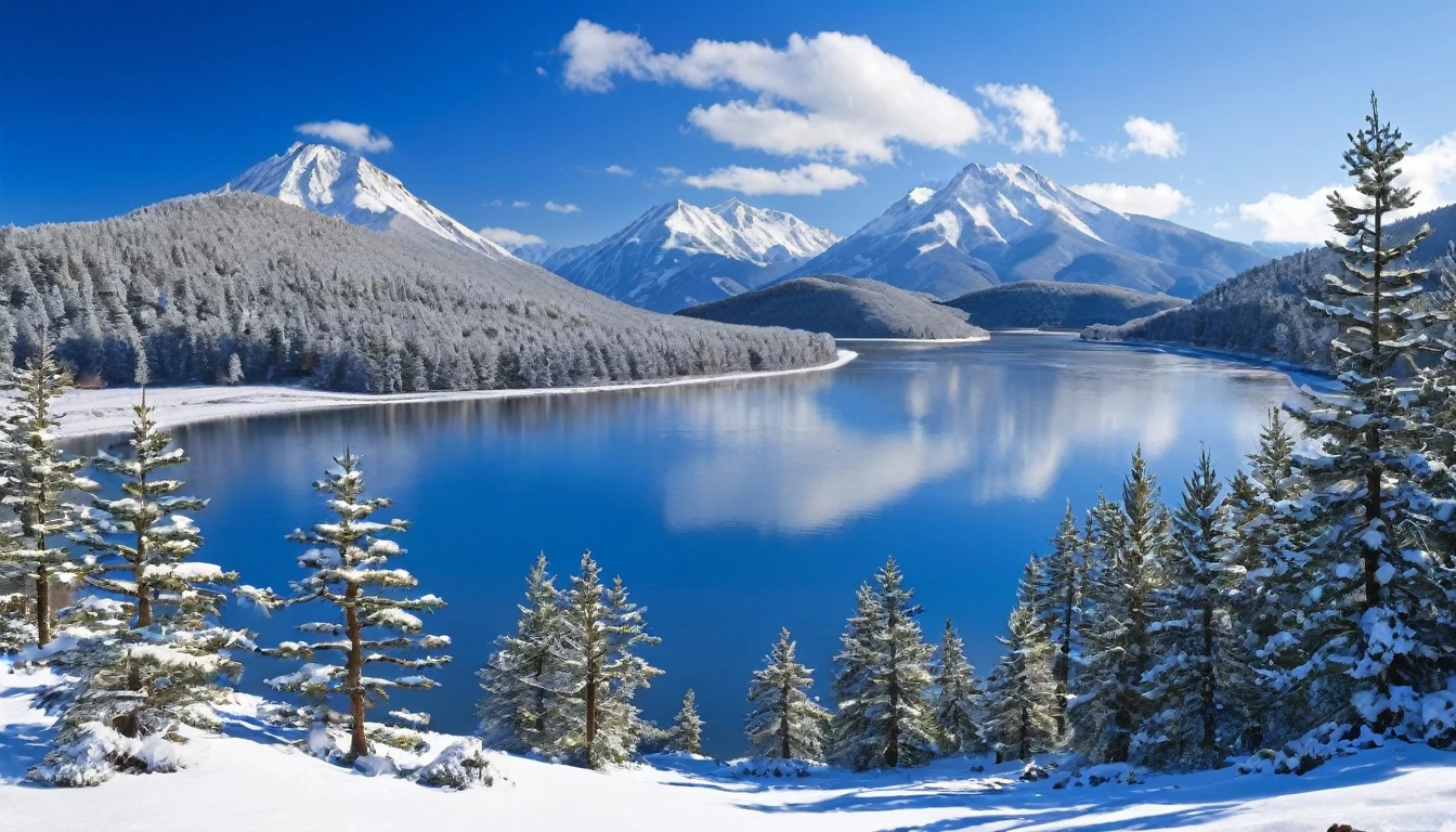 snow, tree, mountain, day, sky, winter, nature, pine tree, forest, blue sky, cloud, mountainous horizon, river, best Quality,The Masterpiece