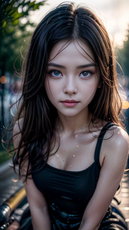 20-year-old surreal idol, ultra-thin sleeveless long dress, nipple ring, smiling smile, Cape Fur Cuts, Walking without noticing the camera, City under heavy rain, wet from the rain, wet clothes stuck to the body, RAW,(8k, Best Quality, Masterpiece: 1.2),(intricate detail: 1.4),(photorealistic:1.4),Octane representation, Complex 3D rendering with ultra details, Soft studio light, rim light, vivid detail, super detail, realistic skin texture, face detail, Beautiful eye details, Highly detailed CG Unity 8k wallpaper, make up, (detailed background: 1.2),