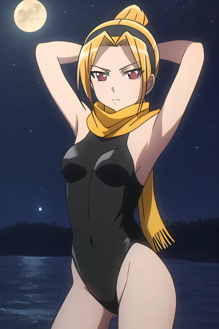 tia, 1girl, solo, long_hair, looking_at_viewer, short_hair, bangs, blonde_hair, red_eyes, bare_shoulders, ponytail, hairband, scarf, leotard, headband, frown, yellow_scarf, high quality, solo, 1girl, night sky, beach, arms behind head, (contrapposto), closed mouth, spread armpits, (cowboy shot:1.5), looking at viewer, expressionless, best quality,