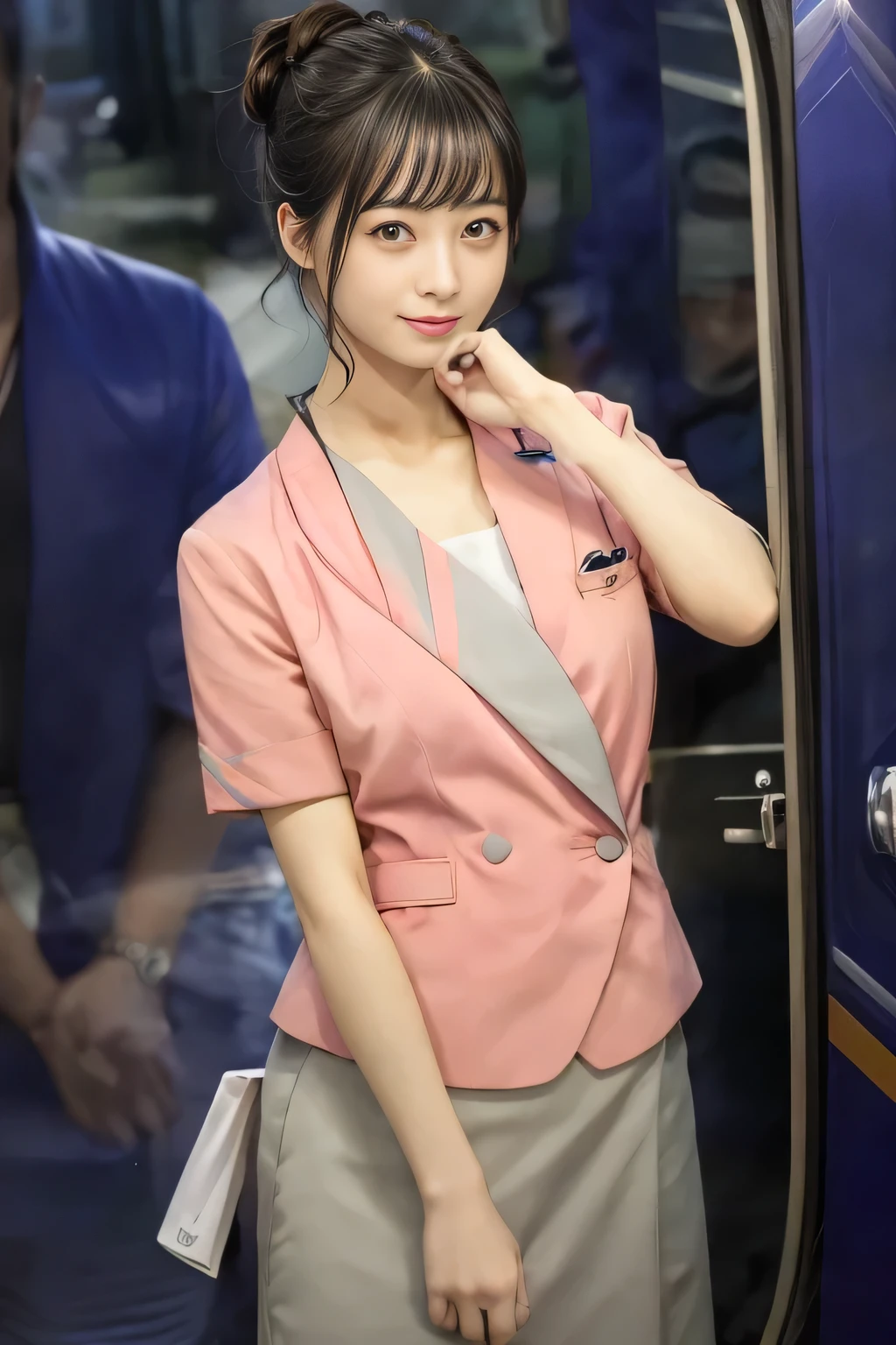 (masterpiece:1.2, Highest quality:1.2), 32k HDR, High resolution, (alone、1 girl)、 (Height: 160cm)、(On the rooftop of a building in the daytime、Professional Lighting)、Building rooftop background、(Nankai train crew uniform pinkを着たリアルスタイル)、(Nankai train crew uniform pink short sleeve collarless pink jacket、Nankai Train Crew Uniform Pink Collarless Short Sleeve Blouse、Nankai Train Crew Uniform Pink Grey Knee-length Culottes)、(The pink jacket is showing from the culottes.)、Dark brown hair、(Hair tied up、Hair tied up、Evening curly hairstyle)、Dark brown hair、Long Shot、Big Breasts、Thin legs、((Great hands:2.0)),((Harmonious body proportions:1.5)),((Normal limbs:2.0)),((Normal finger:2.0)),((Delicate eyes:2.0)),((Normal eyes:2.0)))、smile、(Nankai Train Crew Uniform Pink Grey Knee-length Culottesを見せた美しい歩く姿)、Place your hands around your stomach、Lanyard employee ID card