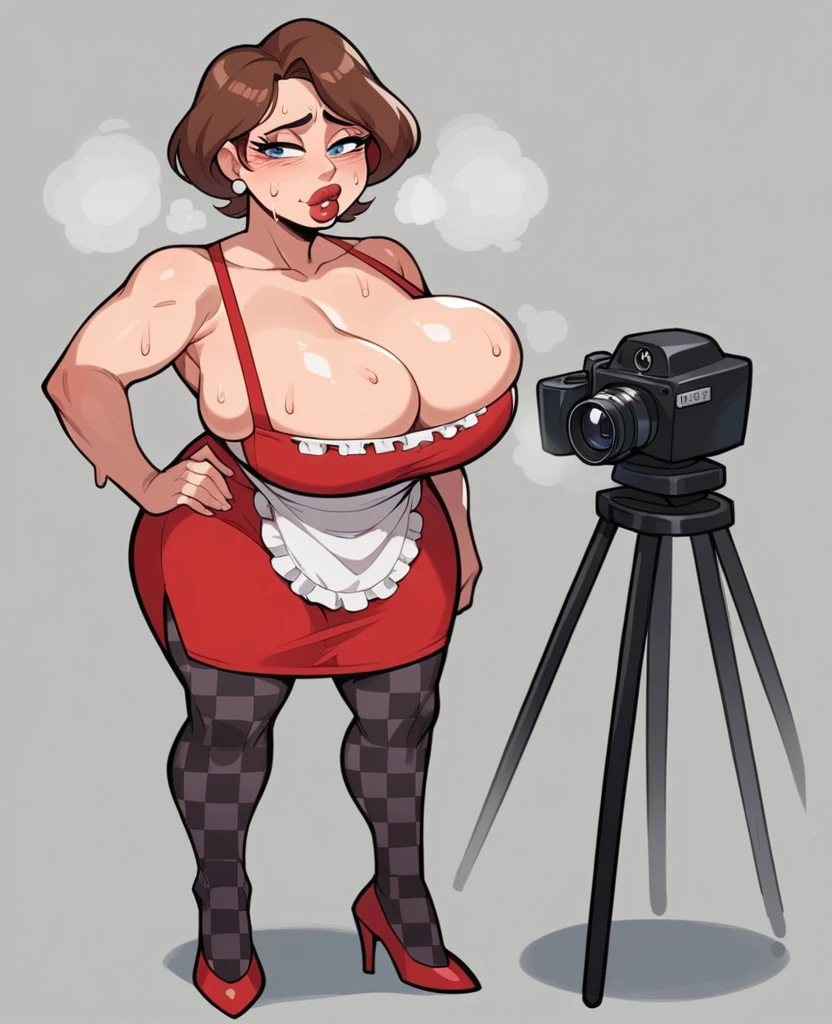 ((body sweat, mature lady, brown hair, blue eyes, big breasts, big breasts, short hair)) pixar mom, attractive woman, mature woman, ultra high detail, erotic, looking into the camera, big breasts, thick lips, big hip, big cleavage, red heels, red skirt, checkered stockings, apron, marked abdomen, sweaty face, camera focused on the face, red dress