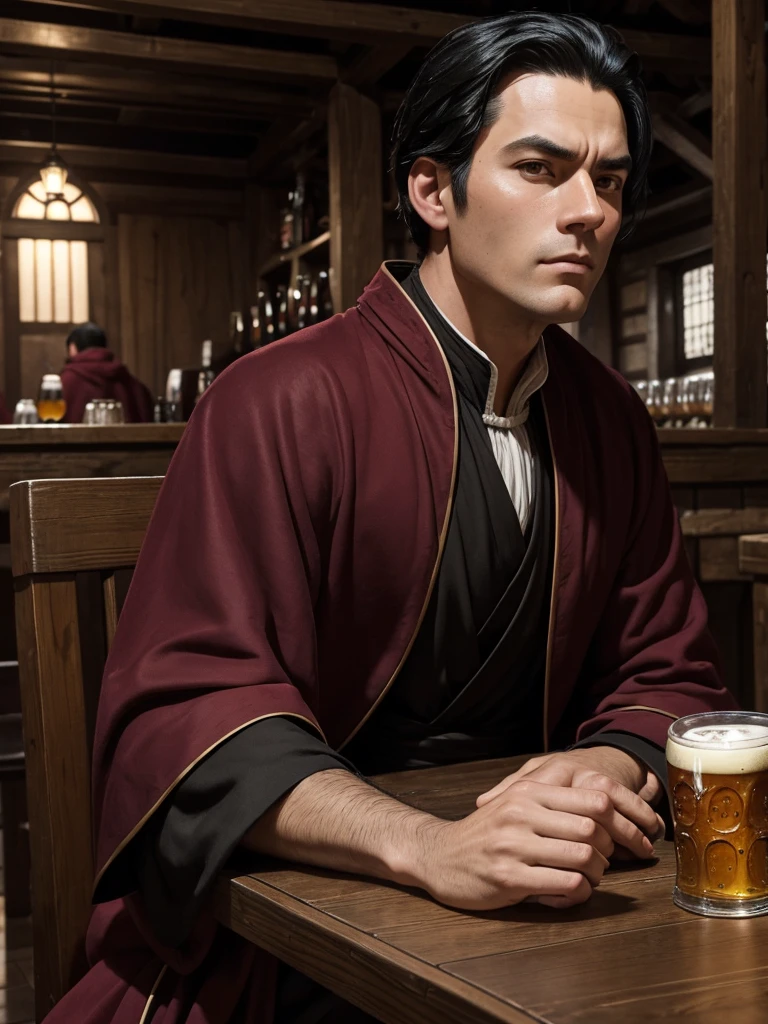 A guy of average height, well-combed black hair. His face looks shaved. He wears maroon-colored medieval-style traveling robes.. His face looks serious. He is sitting at a table in a wooden tavern.. On the table in front of him are several pints of beer. 