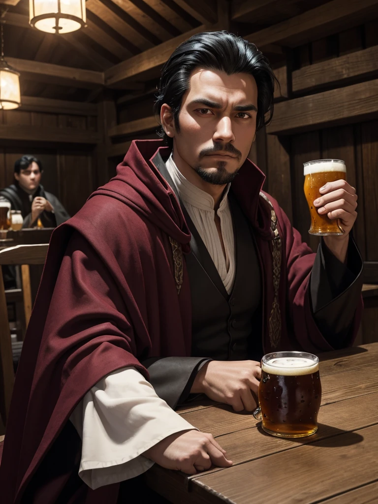A guy of average height, well-combed black hair. His face looks shaved. He wears maroon-colored medieval-style traveling robes.. His face looks serious. He is sitting at a table in a wooden tavern.. On the table in front of him are several pints of beer.