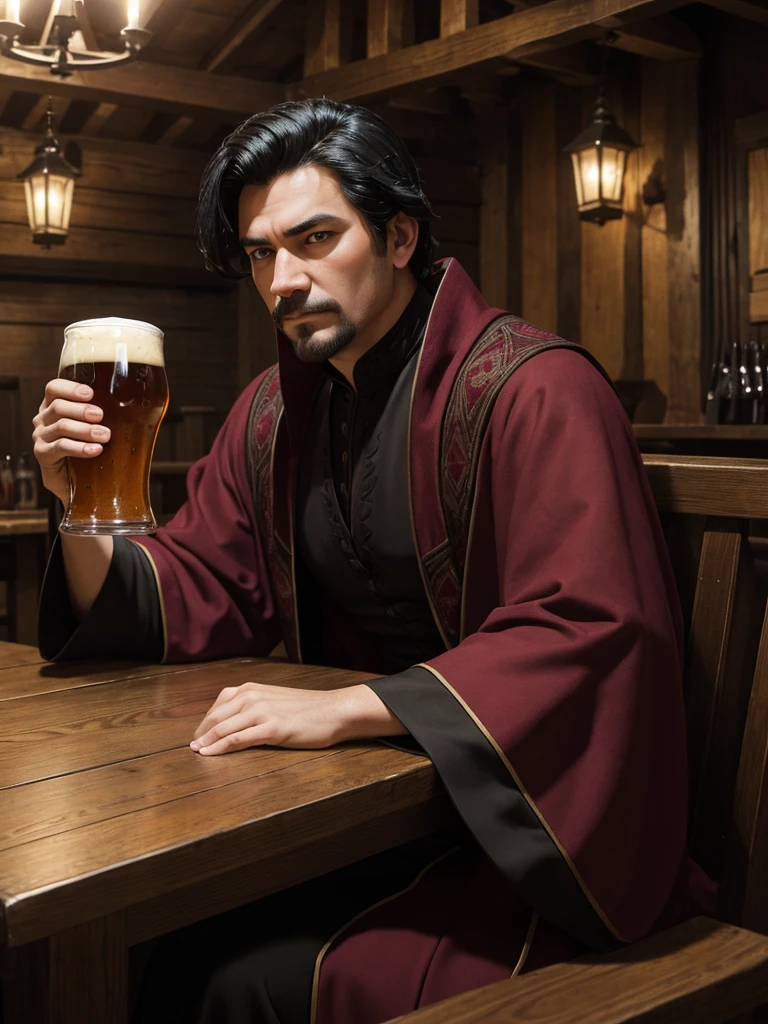 A guy of average height, well-combed black hair. His face looks shaved. He wears maroon-colored medieval-style traveling robes.. His face looks serious. He is sitting at a table in a wooden tavern.. On the table in front of him are several pints of beer.