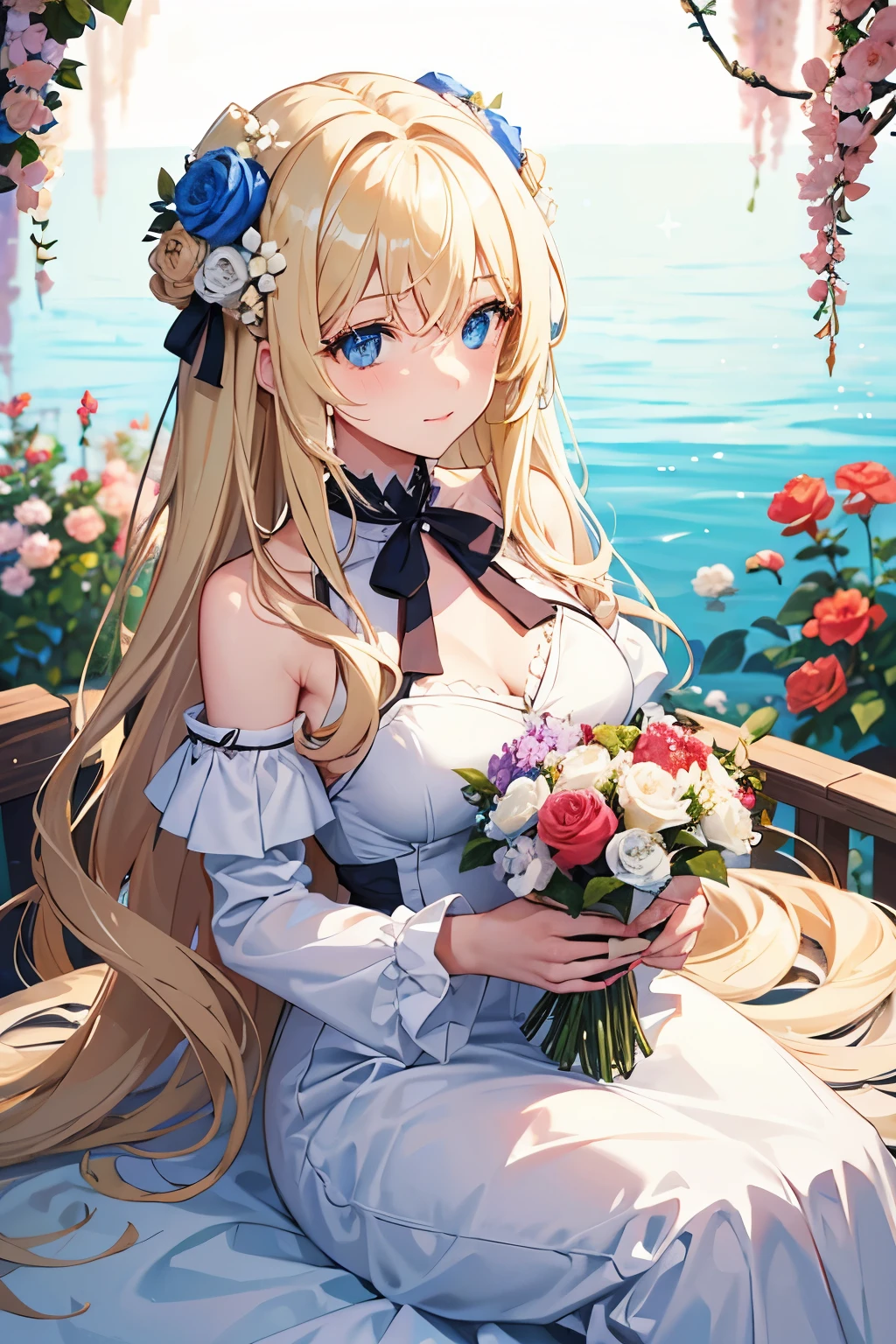 1 Woman, blue eyes, blonde hair, beauty. Long hair. Happy, flowers.
