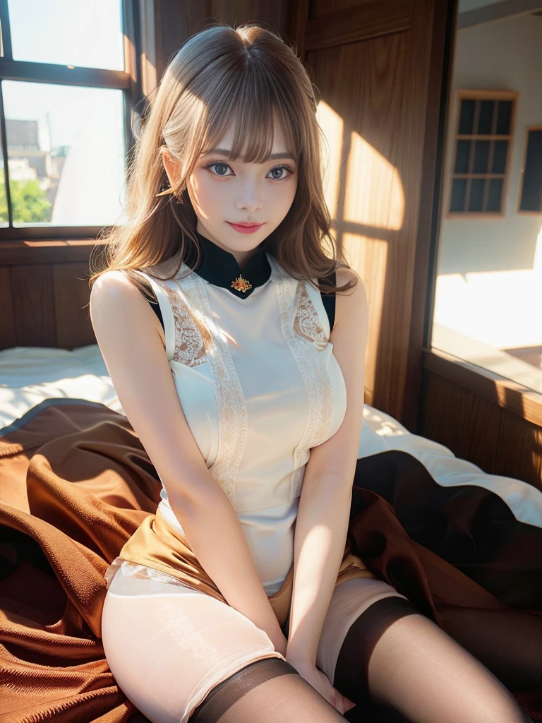 Byelorussia woman,(Sigma 85mm f1.4), NSFW, (Depth of written boundary:0.6), Detailed realistic backgrounds, Diffused natural sunlight, Natural diffuse skin glow,high leg, (Camel Toe),1girl,Red, blue eyes, cateye,long eyelashes,big eye,, ((Wearing pantyhose))、Wearing a sleeveless dress、(Panties in the crotch area are visible)、raw,(8K、top-quality、masterpiece:1.2)、(intricate detailes:1.4)、(Photorealsitic:1.4)、octane renderings、Complex 3D rendering ultra detail, Studio Soft Light, Rim Lights, vibrant detail, super detailing, realistic skin textures, Detail Face, Beautiful detail eyes, Very detailed CG Unity 16k wallpaper, make - up, shinny skin、