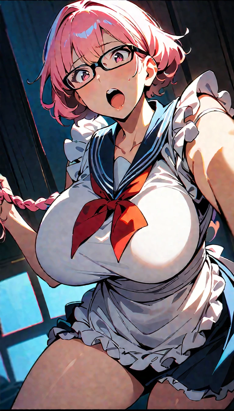 (high quality, 8K, 4K, High Contrast, masterpiece:1.2, 最high quality, Best aesthetics), (Dynamic Angle), ((1 female)), erotic, sexy, Mature Body, ＪＫ, , Braiding, Glasses, sexyなlips, Excited, chairman, Sailor suit:1.2, Open your mouth., (Best image quality),(Hair is pink、Drill Twin、Maid clothes）,(Master&#39;s Work),(Super detailed),(詳細なeyeの描写:1.0),(Lens flare:1.0),(Movie Posters:1.0),(Tarot Border:1.0),Portraitureは中央に配置されます,(close:1.0),(nagative space:0.8),(Negative space:1.6),(alone),(colorfulに浮かぶ {Wind|Water magic|ink|crystallizations|ice|fire|inflammation|lightning|web|rock|sand|particle|光のfire花|Blood}:1.0),(colorfulなものが多い {Soap bubble|cloud|Thorn|spike|Grapevine|current|spiral|barely|wing|Tattoo|Cube|octahedron}:1.0),(floating {red|green|green|Aqua|purple|yellow|black|white|gray|Pink|orange|lime} {ribbon|Fater|particle|blade|water滴|Snow Flower|soft ball}:1.0),({crystallization|ice|fire|inflammation|Wind|water|Earth|stone|space|musical|Sonic|Vortex} {magic|wing}:1.0), ({Ray Tracing,Shine|Speckled sunlight,light,Caustics|night,Black Theme|mysterious,Creepy|easy going,pastel}:1.2), ({colorful|Sparkling|Multicolor}:1.0),(Beautiful sparkle:1.0),({Leaning forward|Lean back|Tilt to the side|}:1.2),{(smile:1.0)|(False Smile:1.0)|(Stern expression:1.0)},({small|small||lips,eyelash}:1.0),{(Open your mouth:1.0)|(Mouth closed:1.0)|},({eyelash|eye shadow||}),{片eyeを閉じて|||},(),({From below|From above|From the side From the side|From behind|Face-to-face viewer}:1.3),(Hello:1.3),(Tilt your head:1.0),(Dynamic pose:1.1),,({red|green|green|Aqua|purple|yellow|black|white|gray|Pink|orange|lime} {armor|dress|Collared shirt|suit|Costume}:1.0),({formal|army|Techwear|Urban style|casual,casual clothes|Fantasy,Magister|wild,Tribe|sf,Futuristic}),({Checked skirt|Layered skirt|Fluffy dresses|tights|pants|Shorts}),({red|green|green|Aqua|purple|yellow|black|white|gray|Pink|orange|lime} {eye|eye|student}:1.4),,,,{Length jacket|Blazer jacket|Cape|sweater|tie||},{(Floating Cape:1.0),|}({Fox Ears, Fox Girl|吸Blood鬼, Bat Wings|Pointed Ears,(Fairy:0.5)||}:1.1),({Abstract background|city,Skyscraper|forest,garden|city|shrine|cave,underground|Swamp|lake|winter|Alien planets|}:1.4),({indoor,internal|屋outside,outside}:1.1),,({Sitting|flight|Jump|lay|Are standing|Are standing on one leg}:1.1),({Skin of color|white skin|green skin|greenwhiteい肌|By thing|Shiny skin|blackい肌||}:1.1),({Full Body Lesbian|Upper Body|Portraiture|}:1.25),{tooth, 皮のtooth|Tongue Stock|Frowning|lipsを噛む|Thinking|||||}, {虚ろなeye| student in symbol shapes, Heart-shaped student| Slit pupil, + +|||||}, (pink hair, twin tails twin drill, show your forehead, blue eyes, White frilled white headband, slanted eyes, smile, long sideburns, curled bangs, neck ribbon, Forehead, amount),

