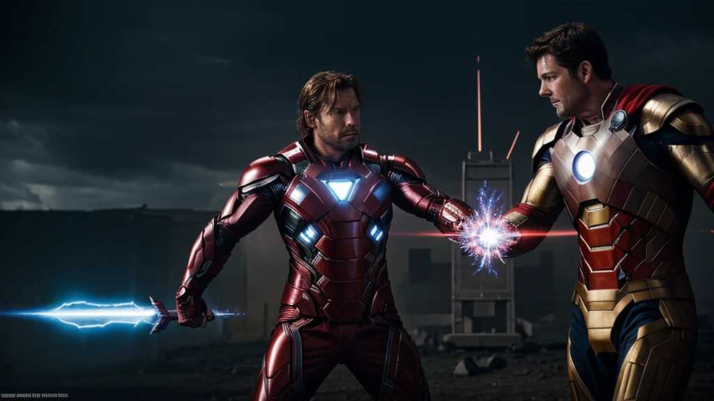 a powerful superhero battle between Antony Starr as Thor and Karl Urban as Iron Man, full body, epic cinematic lighting, dramatic poses, incredible details, photorealistic, dynamic action, sparks and energy effects, intricate metal textures, godlike physiques, cinematic angles, moody color palette, dramatic lighting, hyper realistic, 8k, best quality