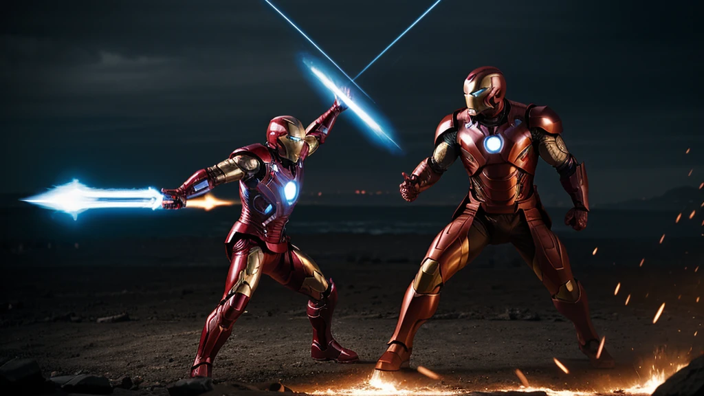 a powerful superhero battle between Antony Starr as Thor and Karl Urban as Iron Man, full body, epic cinematic lighting, dramatic poses, incredible details, photorealistic, dynamic action, sparks and energy effects, intricate metal textures, godlike physiques, cinematic angles, moody color palette, dramatic lighting, hyper realistic, 8k, best quality