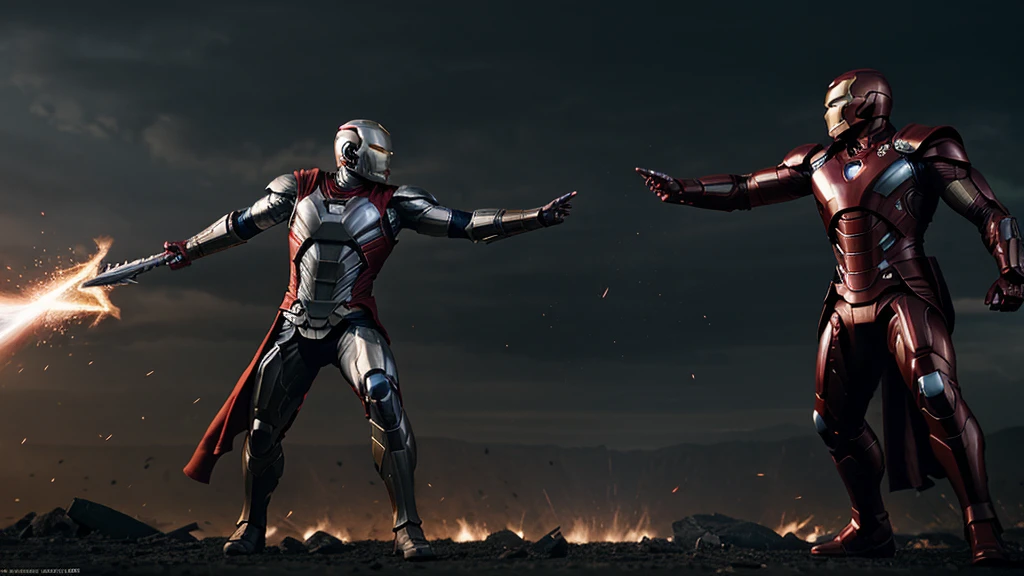 a powerful superhero battle between Antony Starr as Thor and Karl Urban as Iron Man, full body, epic cinematic lighting, dramatic poses, incredible details, photorealistic, dynamic action, sparks and energy effects, intricate metal textures, godlike physiques, cinematic angles, moody color palette, dramatic lighting, hyper realistic, 8k, best quality