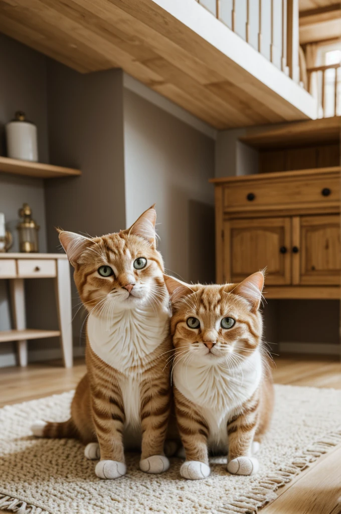 Deux chats roux qui sourie beaucoup dans une belle maison entouré d'argent,  they cuddle and it&#39;s a cat dad and a little cat girl, la  fille chat a une jolie robe rose 