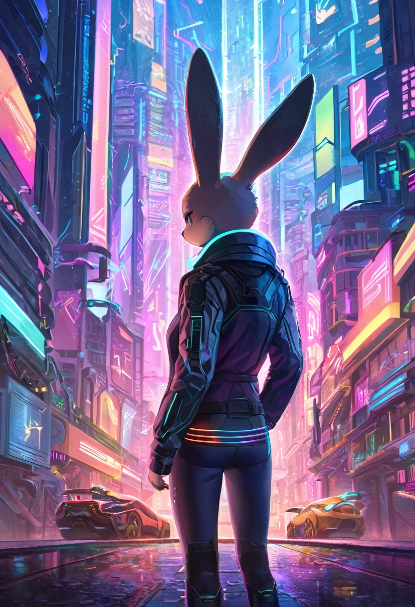 ((Masterpiece)), ((Best Quality)), (Very Detailed), ((Very Detailed)), 4K, (8K), very aesthetic, absurdres highres, 1 female, anthropomorphic rabbit, furry, kemono, Draw a silhouette of a person with their back turned. The figure stands against the background of a futuristic city, with bright and colorful digital rain raining down on the background. The silhouettes of the figures are illuminated by neon lights, and the light emphasizes their outlines. The person's clothing is cyberpunk-style, with glowing lines on the jacket. The city in the background is filled with skyscrapers and holographic advertisements, giving it an overall futuristic and energetic feel.