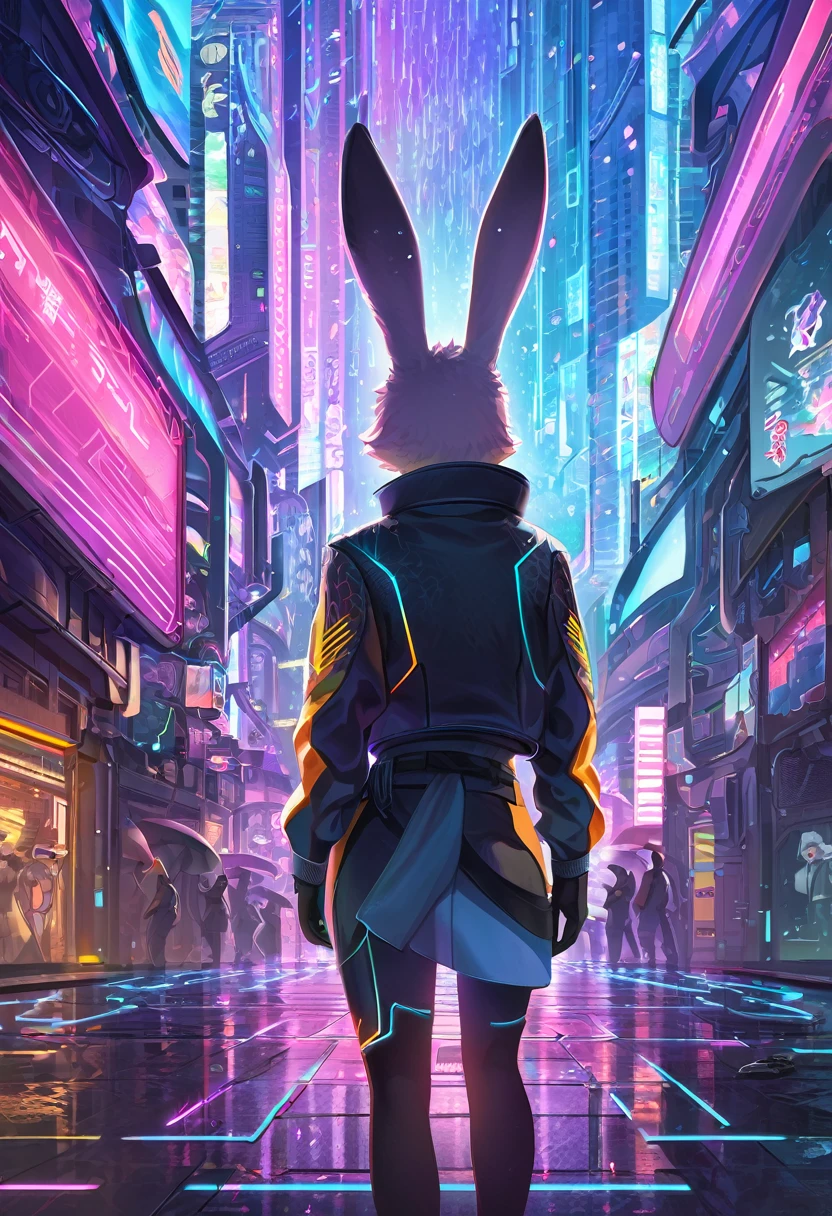 ((Masterpiece)), ((Best Quality)), (Very Detailed), ((Very Detailed)), 4K, (8K), very aesthetic, absurdres highres, 1 female, anthropomorphic rabbit, furry, kemono, Draw a silhouette of a person with their back turned. The figure stands against the background of a futuristic city, with bright and colorful digital rain raining down on the background. The silhouettes of the figures are illuminated by neon lights, and the light emphasizes their outlines. The person's clothing is cyberpunk-style, with glowing lines on the jacket. The city in the background is filled with skyscrapers and holographic advertisements, giving it an overall futuristic and energetic feel.