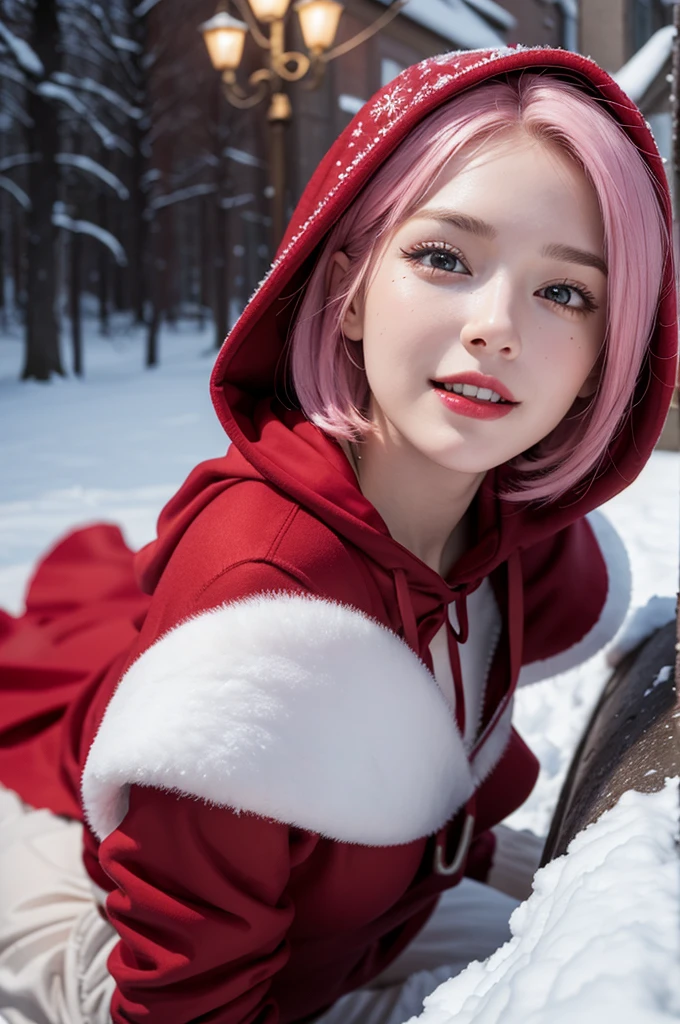 (8K, Highest quality, masterpiece:1,2), (Realistic, Photorealistic:1.37), Super detailed, One Girl,), (Very detailed), (Beautiful and detailed eyes), (Highest quality), (Very detailed ), (masterpiece), (Detailed face),20-year-old, ,1 Girl, whole body, Pink Hair,Very short hair, Medium chest, Dressed, Perfect lighting,, View your viewers, Excited face, Mischievous face,
(little red riding hood, Red clothes, Little Match Girl), winter, Snowy Night, it's snowing, electric lights, Street lamp, Christmas, Holding a matchstick, Holding a woven basket on her elbow