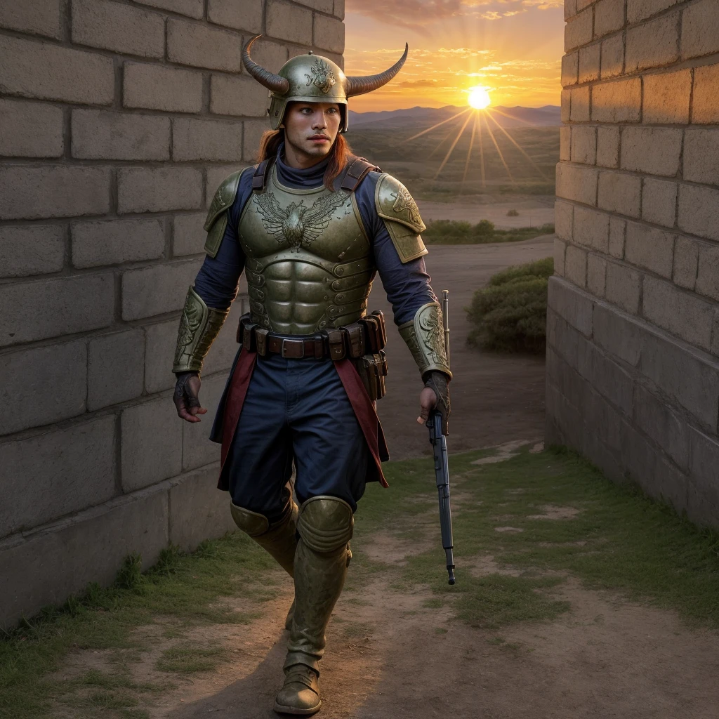 a warrior man, android, futuristic army front, brawny, wall background with a dragon carved on the wall, sunset