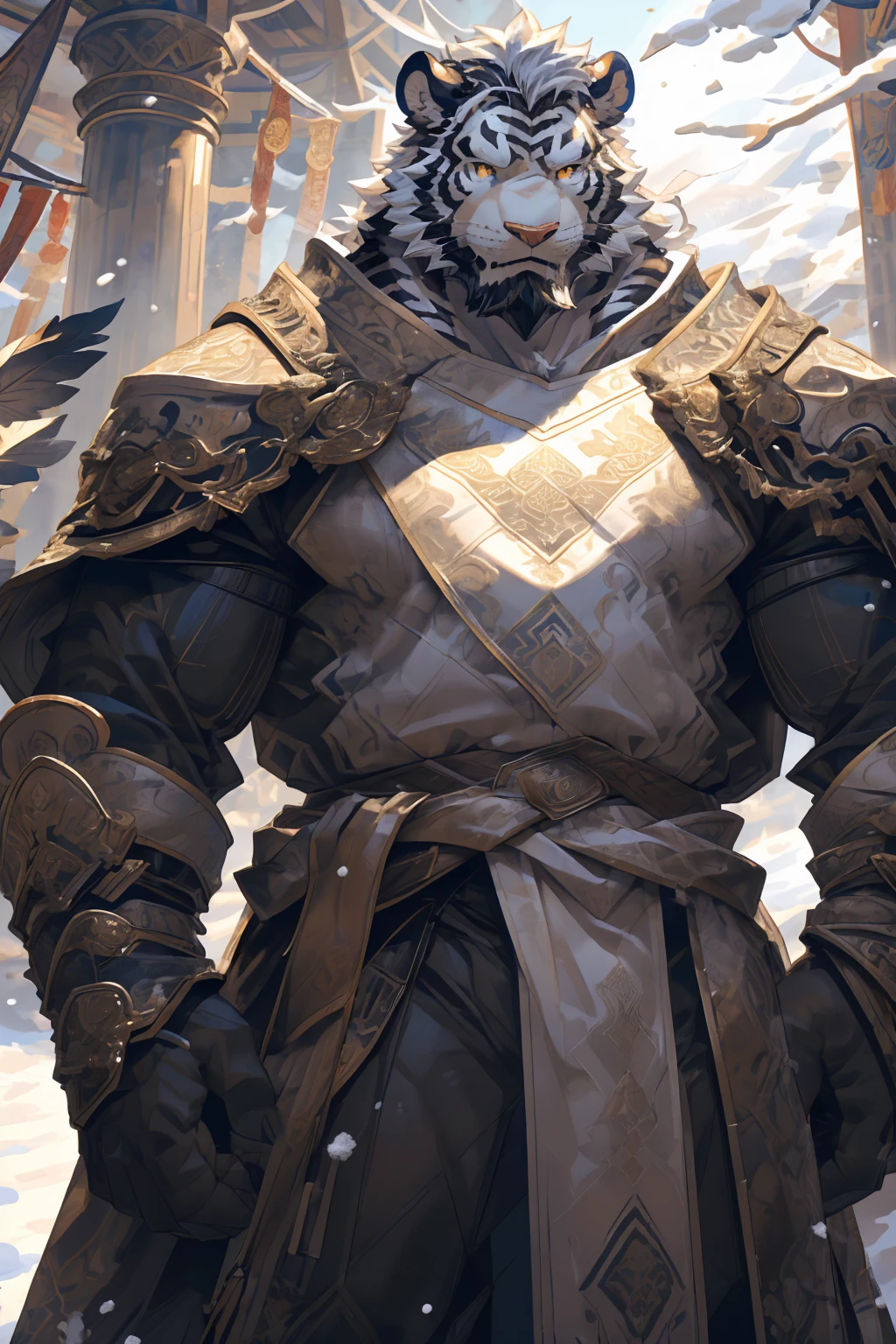 (White skintiger),(黑白阴阳Military commander战袍),(Holding a long sword),(Awesome posture:1.3),Standing quietly in,(The background is a city covered with ice and snow:1.5),(Abdominal muscles),Heroic飒爽,完美的masterpiece,Various facial details,Close-up view,specific description,masterpiece,(cg),(Golden Eyes),Black and white pattern,Black and white tail,Military commander,Heroic,tiger,Black and white fur,Detailed facial details,Half Body,(黑白阴阳Military commander战履),(Long feather),((middle aged)),(Face Focus),(16K),(HD),Black and white abdomen,temple,beard,(Face lines),(Heterochromia,),(Black and white yin and yang battle robe),(Black and white hair),(Strong:1.2),(muscle:1.3),(high resolution:1.3),(Standing in front of a city covered in snow),(Close up),(Detailed face:1.5),Perfect details,(Half Body),(Detailed depiction of the face:1.5),(Zoom in on the face:1.5),(白色Face lines:1.2),(黑色beard:1.3),(White face:1.6),(White body),(White skin,black strips:1.3),(White cheeks:1.5),(The skin color of the face is white:1.3),cg