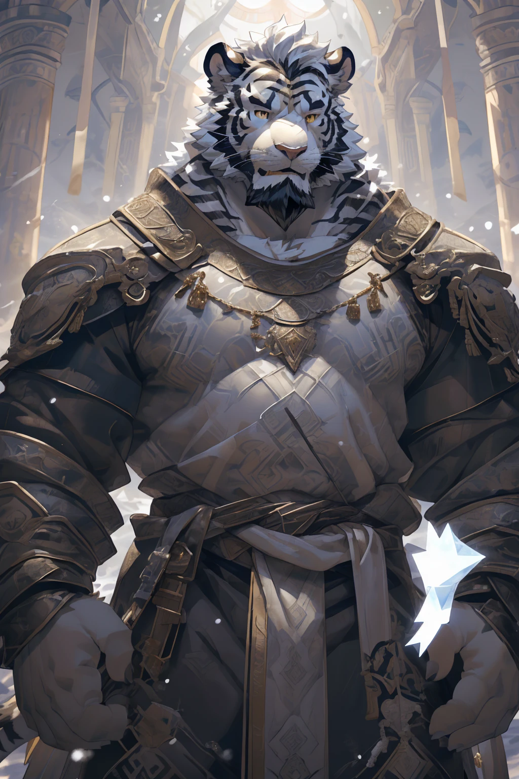 (White skintiger),(黑白阴阳Military commander战袍),(Holding a long sword),(Awesome posture:1.3),Standing quietly in,(The background is a city covered with ice and snow:1.5),(Abdominal muscles),Heroic飒爽,完美的masterpiece,Various facial details,Close-up view,specific description,masterpiece,(cg),(Golden Eyes),Black and white pattern,Black and white tail,Military commander,Heroic,tiger,Black and white fur,Detailed facial details,Half Body,(黑白阴阳Military commander战履),(Long feather),((middle aged)),(Face Focus),(16K),(HD),Black and white abdomen,temple,beard,(Face lines),(Heterochromia,),(Black and white yin and yang battle robe),(Black and white hair),(Strong:1.2),(muscle:1.3),(high resolution:1.3),(Standing in front of a city covered in snow),(Close up),(Detailed face:1.5),Perfect details,(Half Body),(Detailed depiction of the face:1.5),(Zoom in on the face:1.5),(白色Face lines:1.2),(黑色beard:1.3),(White face:1.6),(White body),(White skin,black strips:1.3),(White cheeks:1.5),(The skin color of the face is white:1.3),cg