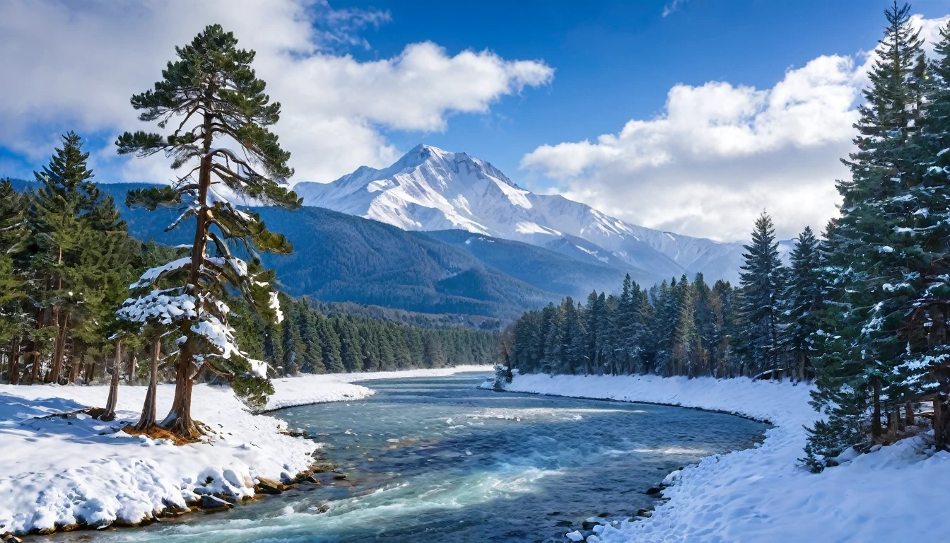 snow, tree, mountain, day, sky, winter, nature, pine tree, forest, blue sky, cloud, mountainous horizon, river, best Quality,The Masterpiece