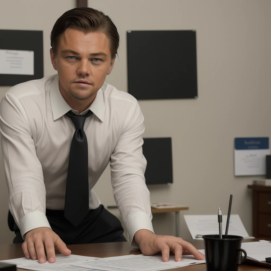 ((Best quality, 8k, Masterpiece :1.3)), Whole body, Sharp focus :1.2, Leonardo DiCaprio as Jordan Belfort from "The Wolf of Wall Street" (2013), sitting at his desk in his office on Wall Street. On his desk, a work phone and three document folders at the edge of the table. Capturing all his charisma and charm, his face perfectly symmetrical, each hand with no more than 5 straight fingers. Sitting anface, in an open pose, making him look approachable. Maximum realistic quality, professionally set lighting. Highly detailed face and skin texture, Detailed eyes, double eyelid, OL Uniform, Office Wear, (Interior Scene, Office).